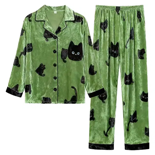 静英鸾 金丝绒加厚保暖翻领开衫卡通小猫长袖长裤休闲家居服秋冬季睡衣套装 女款