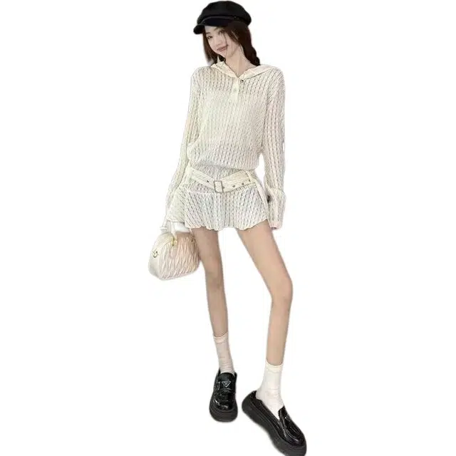 纤丝鸟 韩系镂空蕾丝荷叶边长袖小众设计舒适百搭针织衫 女款