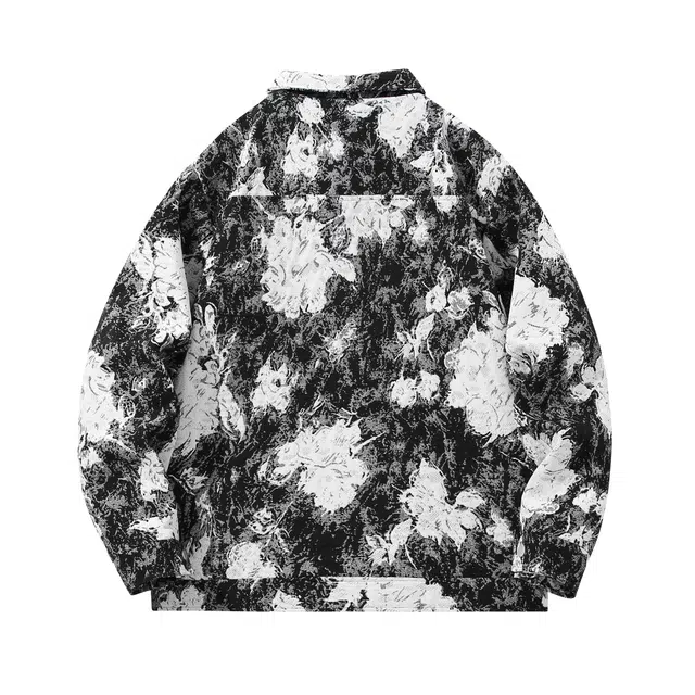 萌芽熊 美式高街系列外套扎染植物提花复古小香风情侣工装衬衫式个性百搭潮流宽松开衫通勤夹克 男女同款