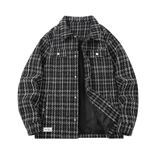 萌芽熊 美式高街系列格子色织提花复古小香风情侣工装衬衫式外套宽松个性百搭潮流学院风开衫时尚夹克 男女同款