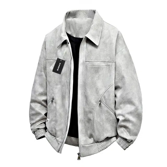左岸 美式复古高街潮流百搭麂皮绒拉链开衫翻领上衣加肥加大码宽松休闲舒适防风底特律夹克绒感外套 男款