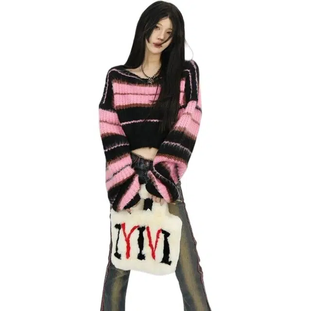 纤丝鸟 辣妹上衣条纹宽松设计感小众短款长袖潮针织衫 女款