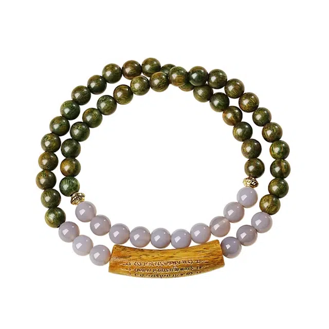 宣华意 国潮风高级感简约设计古朴典雅高密老料檀香文玩木头盘玩佛珠绿色木质饰品多圈叠戴 绿檀 木作手串 女款