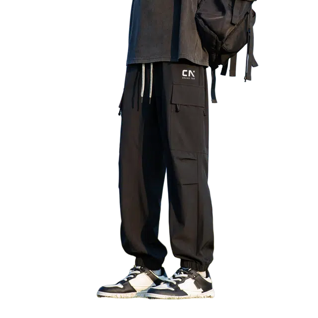 中国航天 美式潮牌纯色简约纯基础复古分割线褶皱校园风潮流帅气松紧腰口时尚百搭直筒中腰宽松垂感运动阔腿休闲裤 男女同款