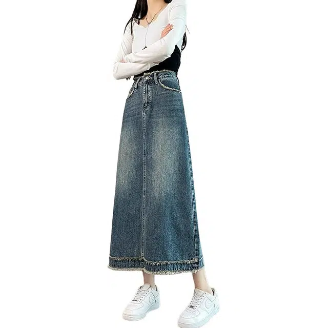 如续 美式复古高级感显瘦高腰裙子直筒洋气毛边设计感舒适休闲牛仔长裙 女款