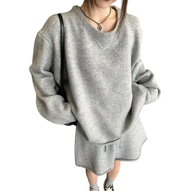 纤丝鸟 宽松百搭舒适美式简约慵懒套装女休闲松弛感直筒短裤针织衫 女款