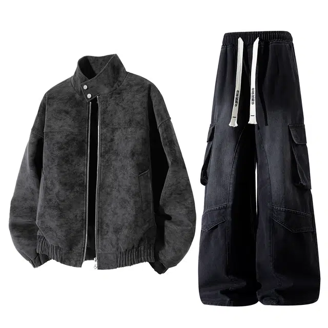 梓润格 美式复古街头宽松夹克潮牌简约户外通勤无性别主义大口袋工装阔腿直筒裤休闲运动套装 男女同款