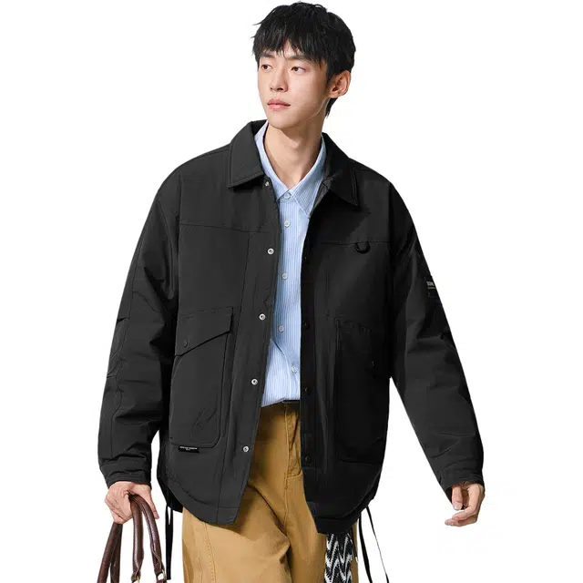 协协乐 高端美式潮牌秋冬季开衫纽扣翻领工装男士外套拼接氛围感纯色百搭青少年痞帅休闲小众设计款夹克 男款