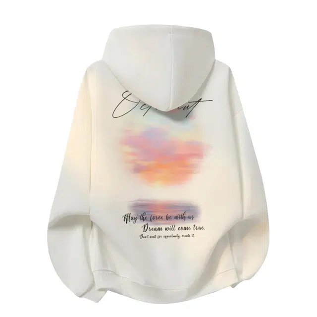 海底小纵队 美式复古夕阳落日图案字母印花简约通勤学生情侣百搭休闲户外运动宽松保暖肤加绒加厚青少年外套秋冬套头落肩连帽卫衣 男女同款