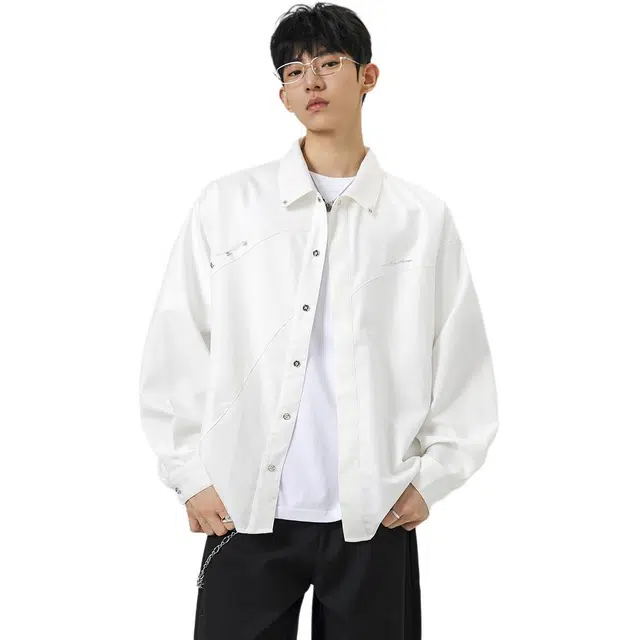 洋气先生 美式纯色简约时尚潮流气质百搭星星点缀立体裁剪小众高级感文艺风日常休闲宽松舒适慵懒氛围感开衫单排扣外套衬衫 男女同款