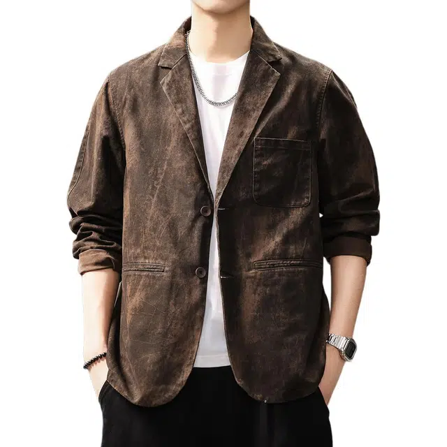 贵色 雅丹风复古水洗平驳领斑驳外套美拉德潮牌重工轧染贴袋西装 男女同款