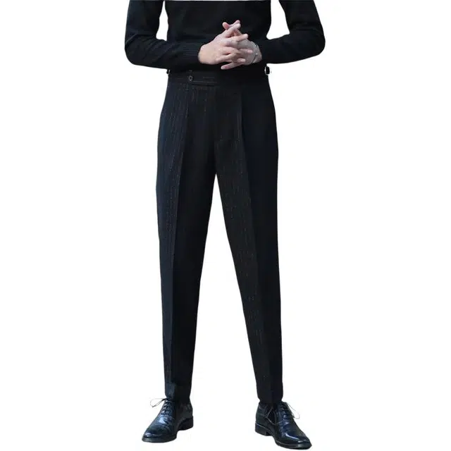 大格子与黑猫 [两色]那不勒斯免烫商务休闲裤男金线条纹高腰垂感抗皱直筒型西裤西装裤 男款