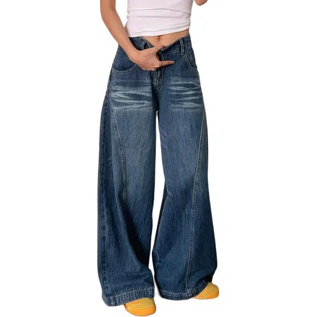 如续 美式复古百搭基础款弯刀长裤潮流显瘦廓形垂坠感舒适休闲牛仔裤 女款