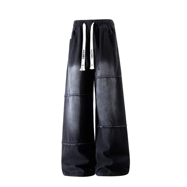 梓润格 美式宽松休闲百搭氛围感高级毛边设计机能青春个性简约学院风户外运动复古阔腿水洗抽绳高腰潮酷直筒牛仔裤 男女同款