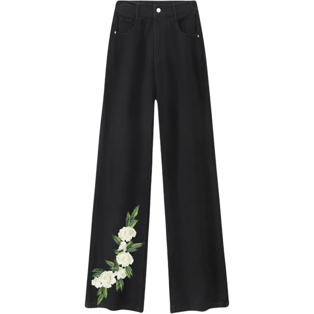 【万针立体刺绣浮雕系列】布客行 美式复古水洗高街亲肤透气直筒柳叶弯刀休闲百搭微喇花卉显高显瘦显腿长裤弹力阔腿牛仔裤 男女同款