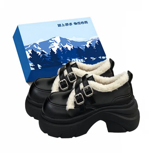 小鹿米利 英伦风加绒棉鞋厚底粗跟复古毛毛玛丽珍小皮鞋 乐福鞋 女