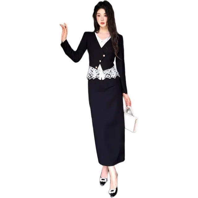 古莲菲 设计感洋气黑色小香风名媛气质高级感上衣半身裙时尚两件套裙装套装 女款
