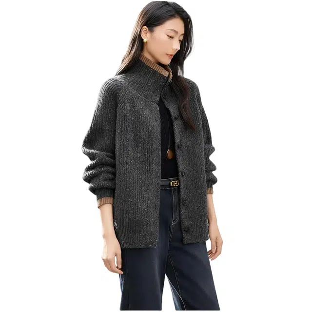 佐塞斯 高端品质轻奢温暖彩点纱时髦针织开衫女秋冬季撞色单排扣毛织短款截短外套 女款