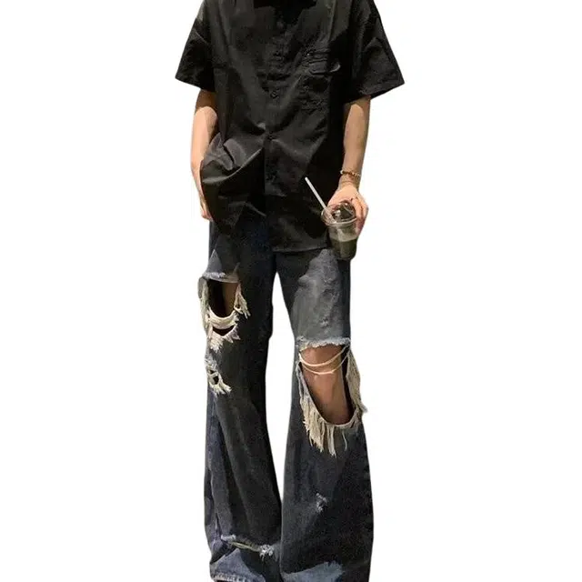 木木兔 秋季直筒水洗高级感休闲潮牌皮带款潮流日系青少年港风复古裤子牛仔裤 男款