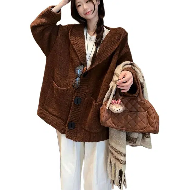 纤丝鸟 简约时尚百搭长袖宽松中长款设计感舒适针织衫 女款