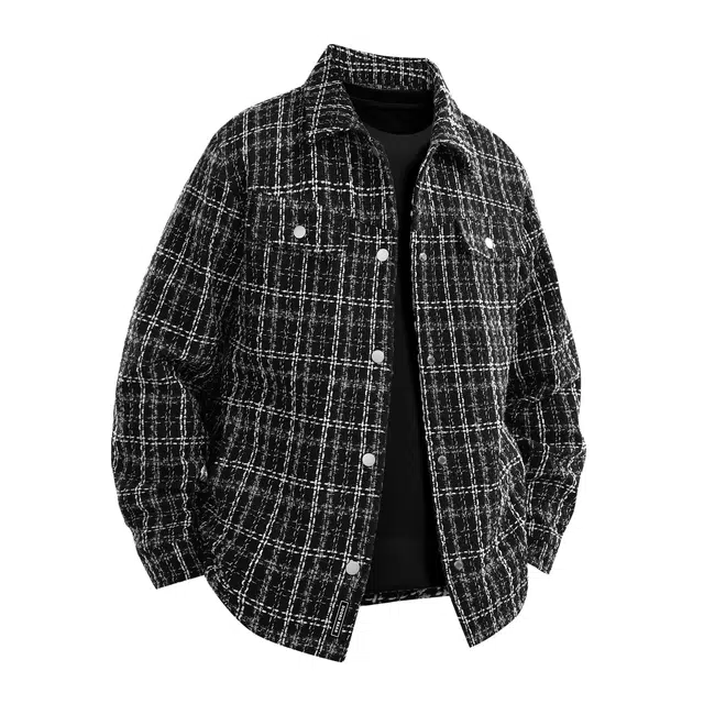 萌芽熊 美式高街系列格子色织提花复古小香风情侣工装衬衫式外套宽松个性百搭潮流学院风开衫日常夹克 男女同款