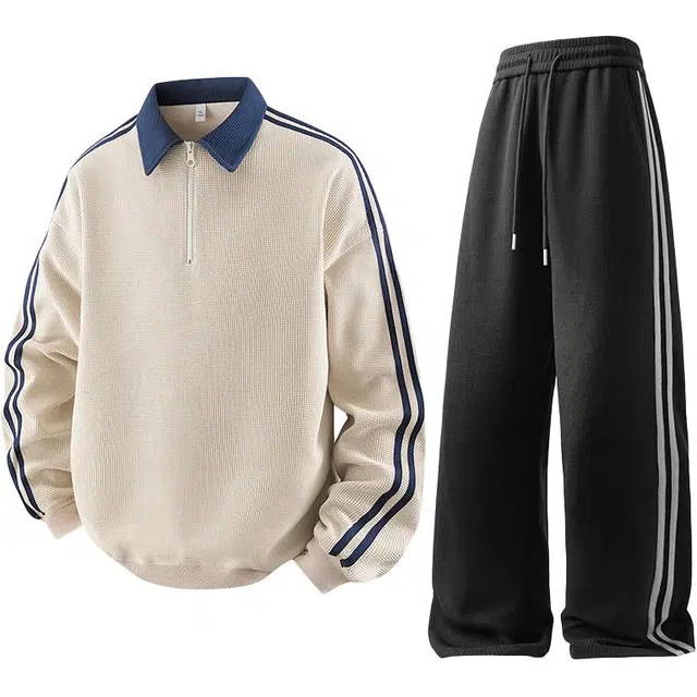 洋气先生 美式潮牌高街痞帅侧边两条杠条纹半拉衣襟设计翻领卫衣直筒垂感显高显瘦长裤子日常通勤户外运动宽松舒适百搭两件套套装 男女同款