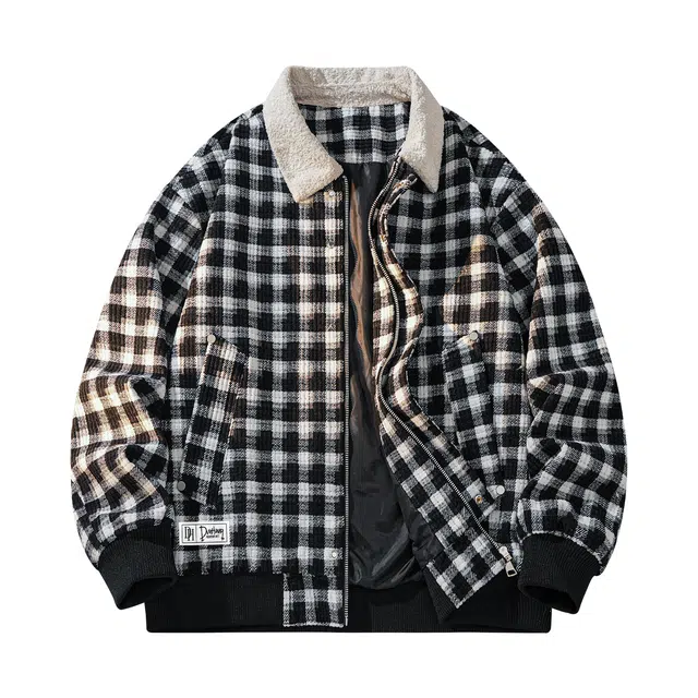 敦煌博物馆 美式复古撞色羊羔绒翻领宽松休闲经典格子高级感舒适百搭户外通勤防风保暖大码长袖夹克外套 男女同款