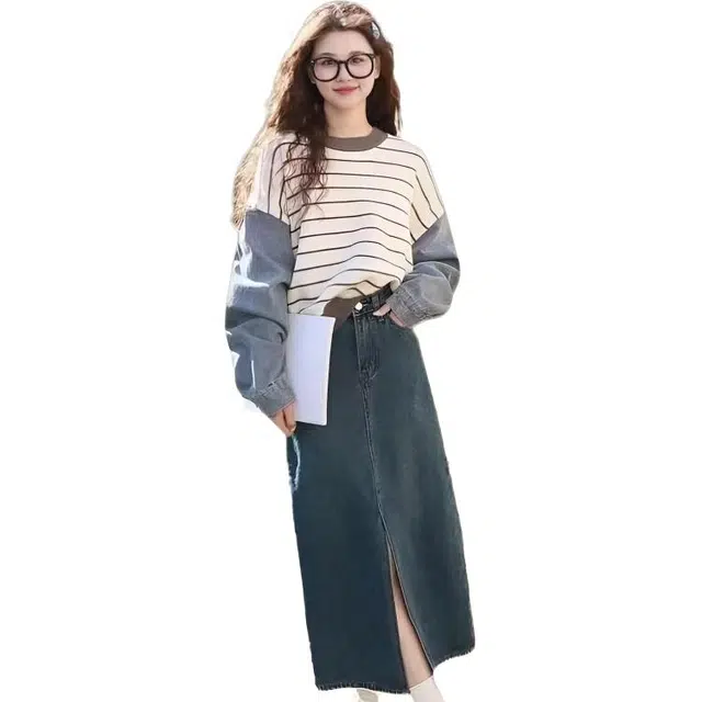 纤丝鸟 假两件慵懒风宽松女卫衣高端洋气小个子条纹针织衫 女款