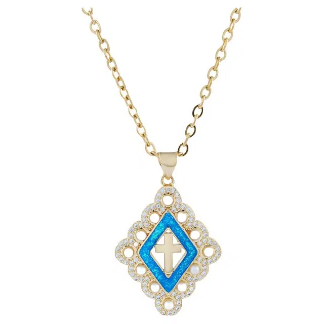 暖瞳 欧美蓝色菱形珍珠十字架彩色吊坠 高街嘻哈风轻奢小众锁骨链 时尚个性潮流百搭 钛钢 项链 男款