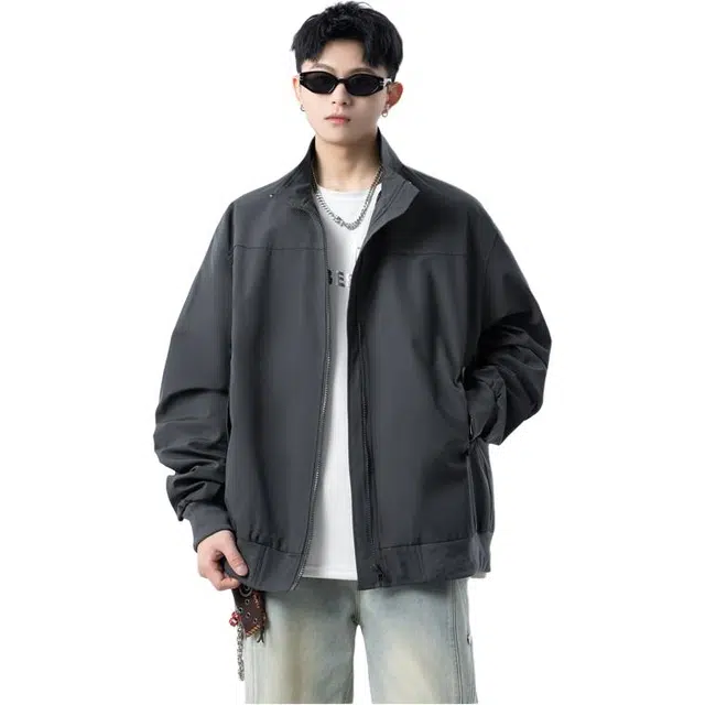 拓菲 高街立领痞帅男秋季潮牌宽松拼接休闲外套复古高级感情侣上衣夹克 男女同款