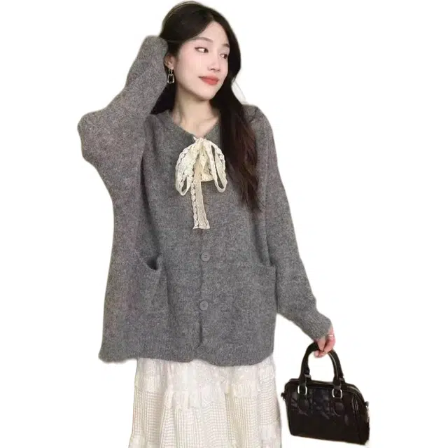 纤丝鸟 韩系慵懒风软糯蕾丝拼接外套女宽松显瘦减龄开衫针织衫 女款