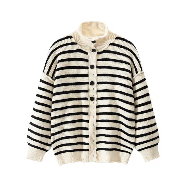 红蜻蜓 百搭休闲合身慵懒外搭条纹针织衫外套 男女同款