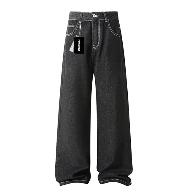 左岸 美式复古高街潮牌简约宽松弯刀阔腿百搭舒适纯色废土风基础重水洗原牛黑微喇牛仔裤 男女同款