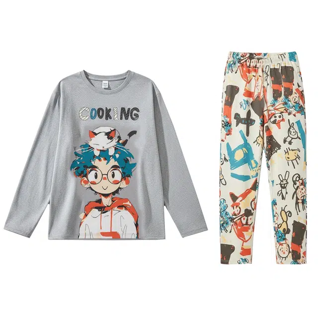 俏霓桐 时尚秋冬季青少年学生舒适纯棉卡通圆领可外穿家居服睡衣套装 男款