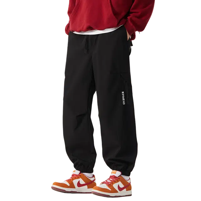 中国航天 宽松褶皱拉链拼接速干纯色伐木工装伞兵裤简约百搭时尚直筒阔腿裤运动高街潮流基础休闲裤 男女同款