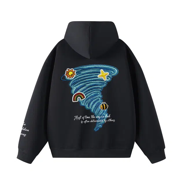 一人之下 美式休闲趣味小蜜蜂星星彩虹仿刺绣龙卷风印花日常通勤潮流时尚宽松舒适连帽落肩长袖卫衣 男女同款