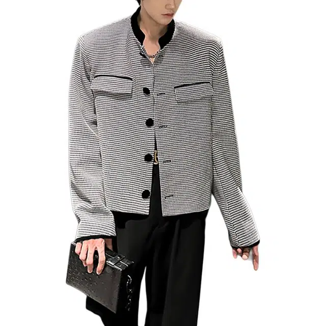 冈哉 美式高街春秋小香风千鸟格中性小西服翻领格子外套慵懒复古款痞帅痞雅百搭休闲宽松单排扣个性潮流通勤 夹克 男女同款