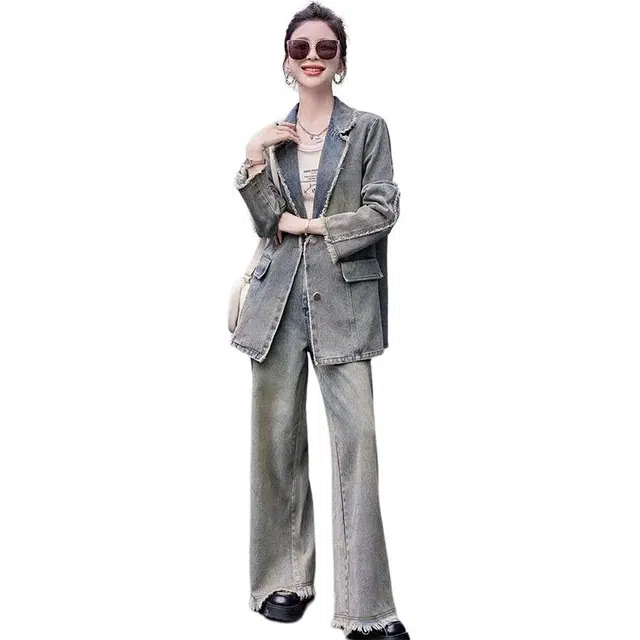 纤丝鸟 小香风法式复古牛仔套裙高级感短外套高腰显瘦两件套长袖连衣裙 女款