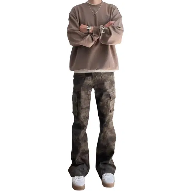 木木兔 高街美式学生做旧迷彩直筒裤潮牌街头百搭微喇长裤高级感显瘦显高牛仔裤 男款