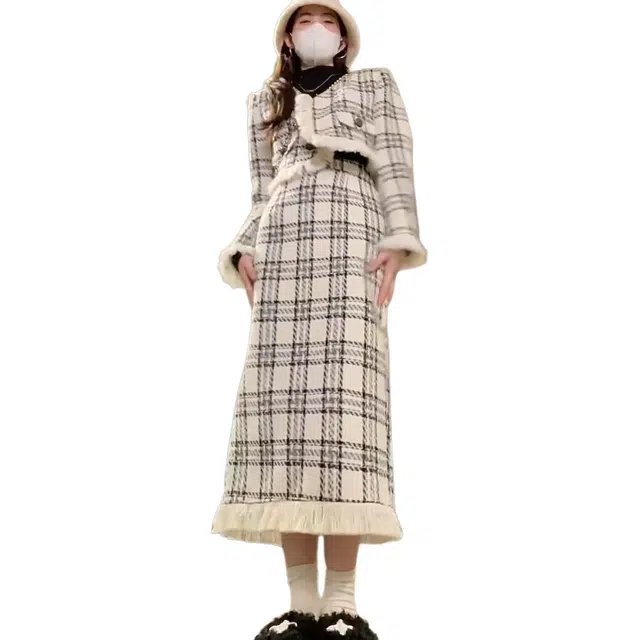 纤丝鸟 气质名媛小香风套装高腰款式简约优雅长袖连衣裙 女款