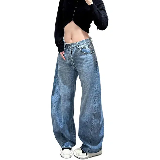如续 美式辣妹重工字母烫钻直筒长裤复古设计感小众个性拖地阔腿牛仔裤 女款