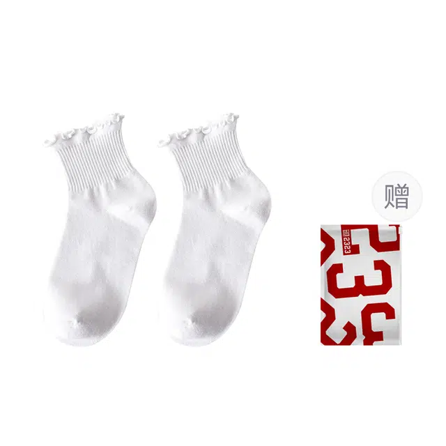 二三二三 纯色木耳花边舒适透气休闲袜可爱百搭透气柔软防滑防臭快速吸湿潮流百搭小腿袜袜日常通勤旅游穿搭学生校园短袜 女款