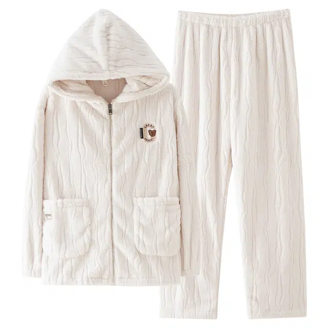 俏霓桐 连帽防寒保暖蓄温加绒加厚柔软双口袋甜美简约家居服可外穿睡衣套装 女款