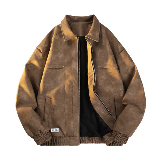 萌芽熊 美式高街美拉德色系情侣工装翻领机车飞行服水洗扎染个性百搭潮流宽松开衫学院风皮衣 男女同款