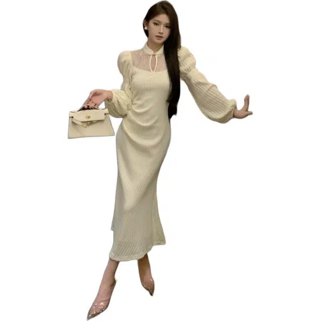 纤丝鸟 气质名媛御姐改良旗袍设计修身包臀复古风格长袖连衣裙 女款