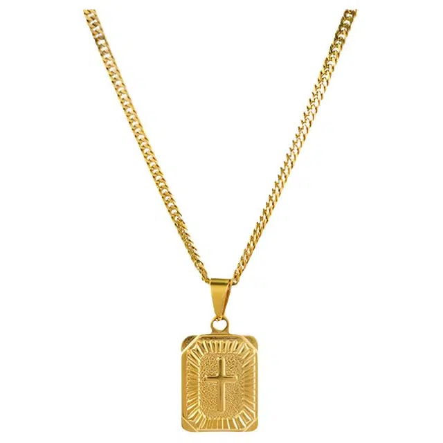 暖瞳 欧美复古十字方牌金银健身吊坠 街头潮流不掉色古巴链 钛钢 项链 男款