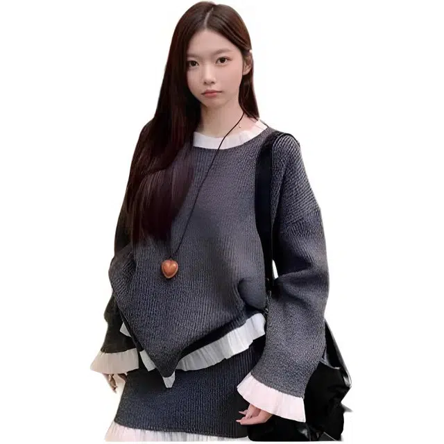 纤丝鸟 小香风气质套装设计感小众拼接半裙两件套针织衫 女款