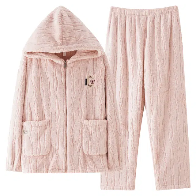 俏霓桐 连帽保暖防寒蓄温加绒加厚甜美可爱简约舒适柔软家居服可外穿睡衣套装 女款