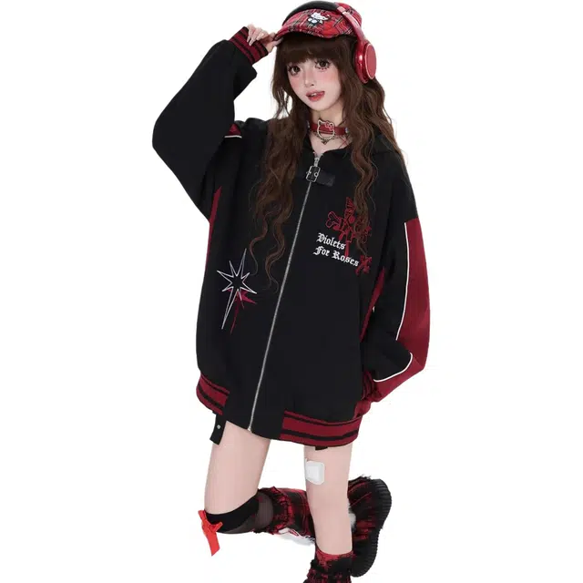 囍鱼少女 美式棒球服外套女春秋薄款宽松撞色拼接小个子开衫连帽潮夹克 女款