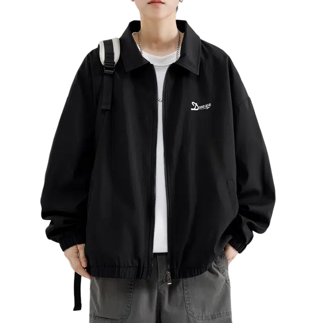 萌芽熊 美式高街翻领复古字母印花宽松简约休闲运动夹克外套 男女同款